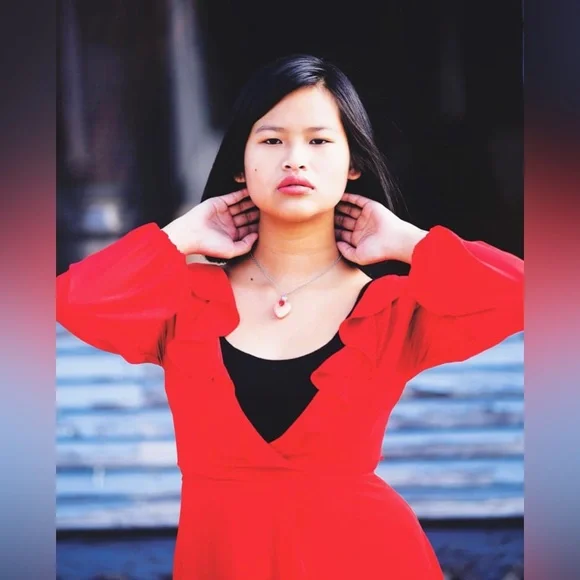 SMALL FOREVER 21 RED WRAP DRESS + RUFFLES - Picture 2 of 9